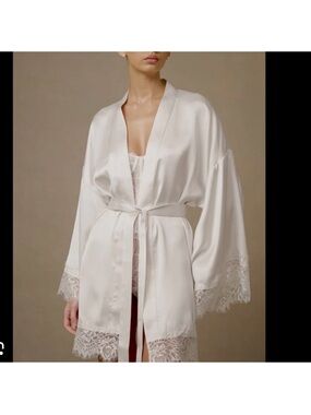 Meshki Satin Lace-Trim Robe in Ivory